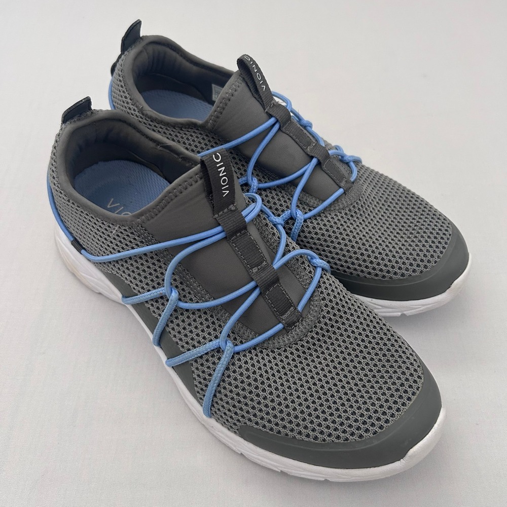Vionic Jada Sneakers Womens 8 Gray Blue Mesh Bungee Slip On Walking Shoes